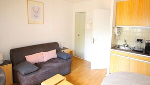 Ein kompakter Wohnraum mit grauem Sofa, einem kleinen Holztisch, einer Küchenzeile mit Holzschränken und einer Tür zu einem anderen Raum.