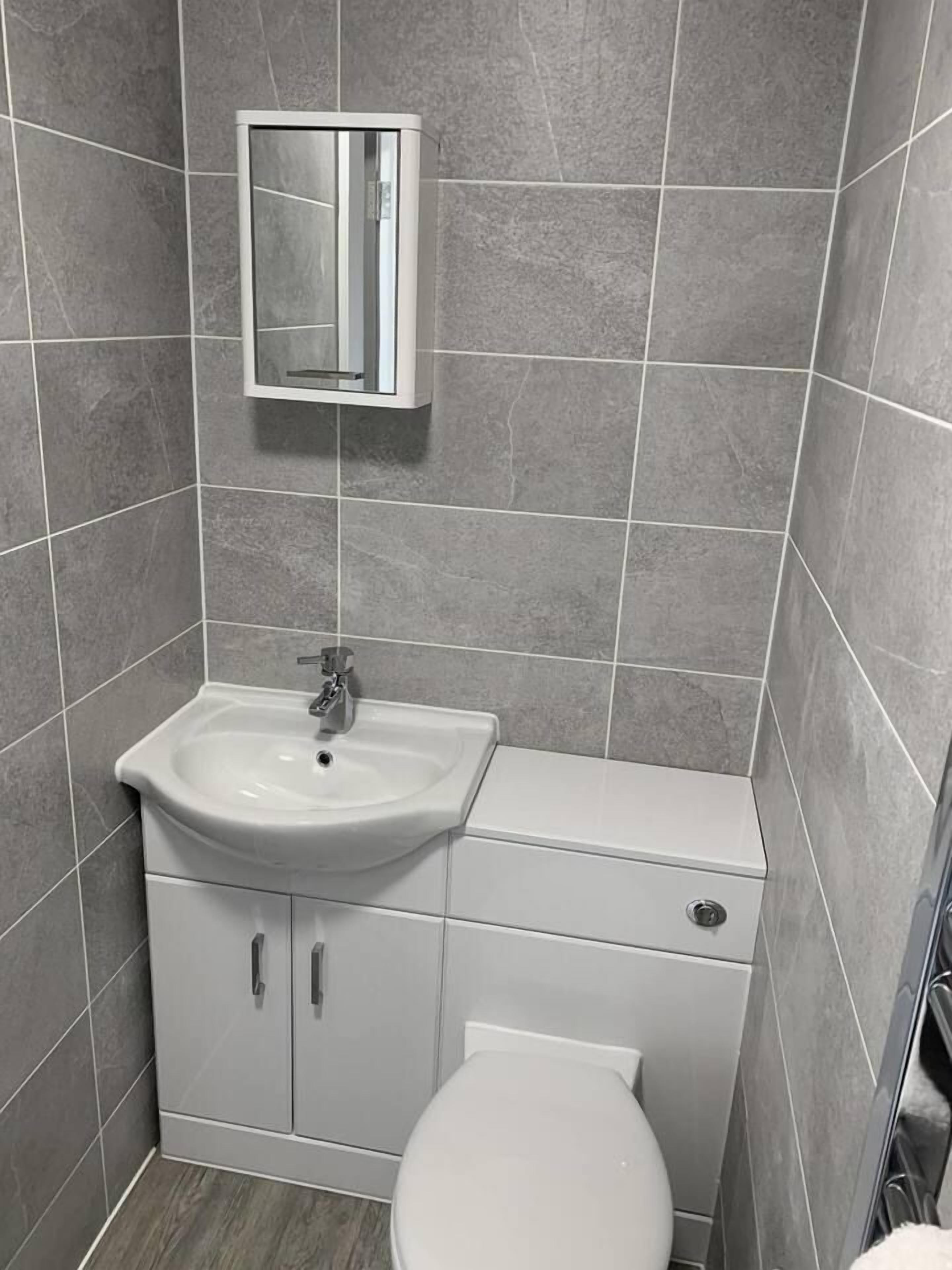 A bathroom with a white sink, a toilet, and a mirror mounted on the wall.
