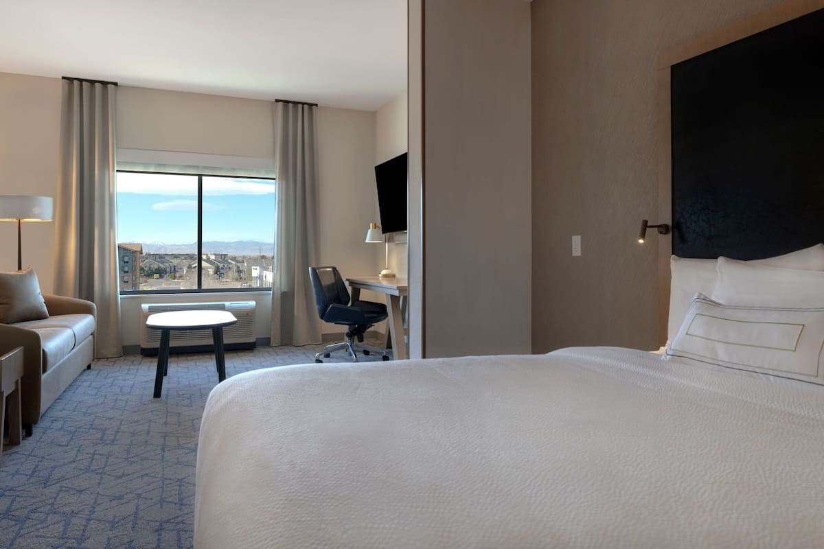 Habitación de hotel con una cama grande, un escritorio, una silla, un televisor y vistas a la ciudad.
