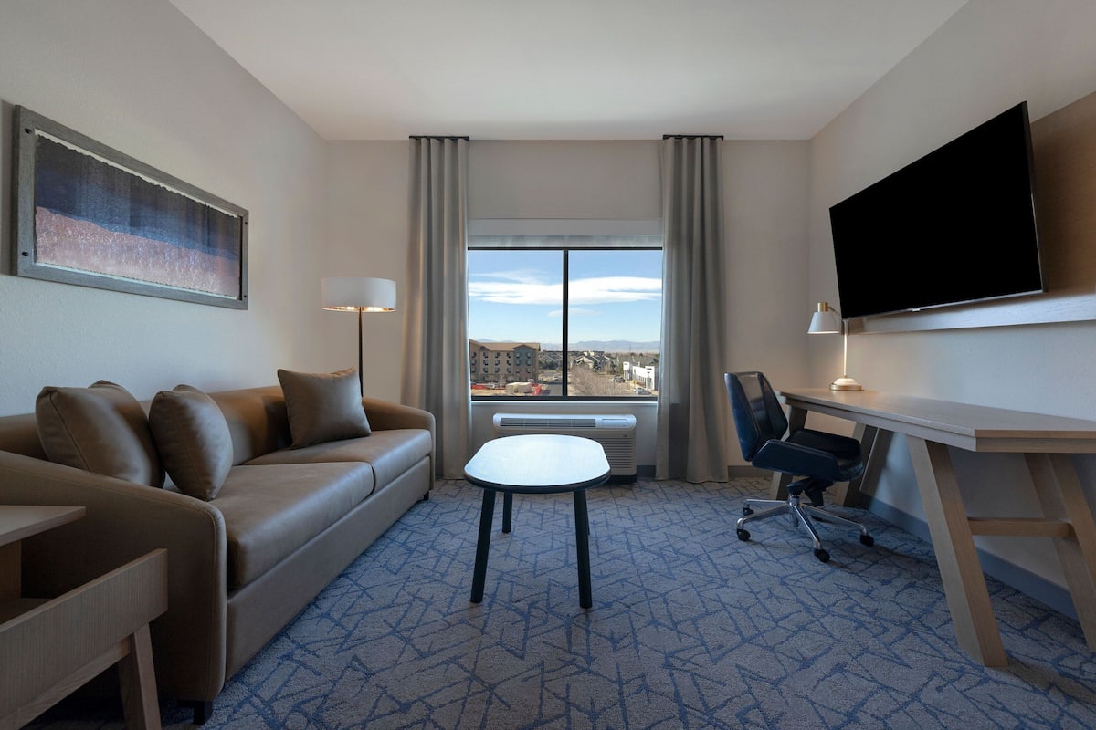 Habitación de hotel con sofá, una mesita, escritorio, silla, televisor y ventana grande con vistas a edificios.
