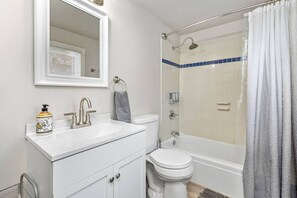 Combined shower/bathtub, hair dryer