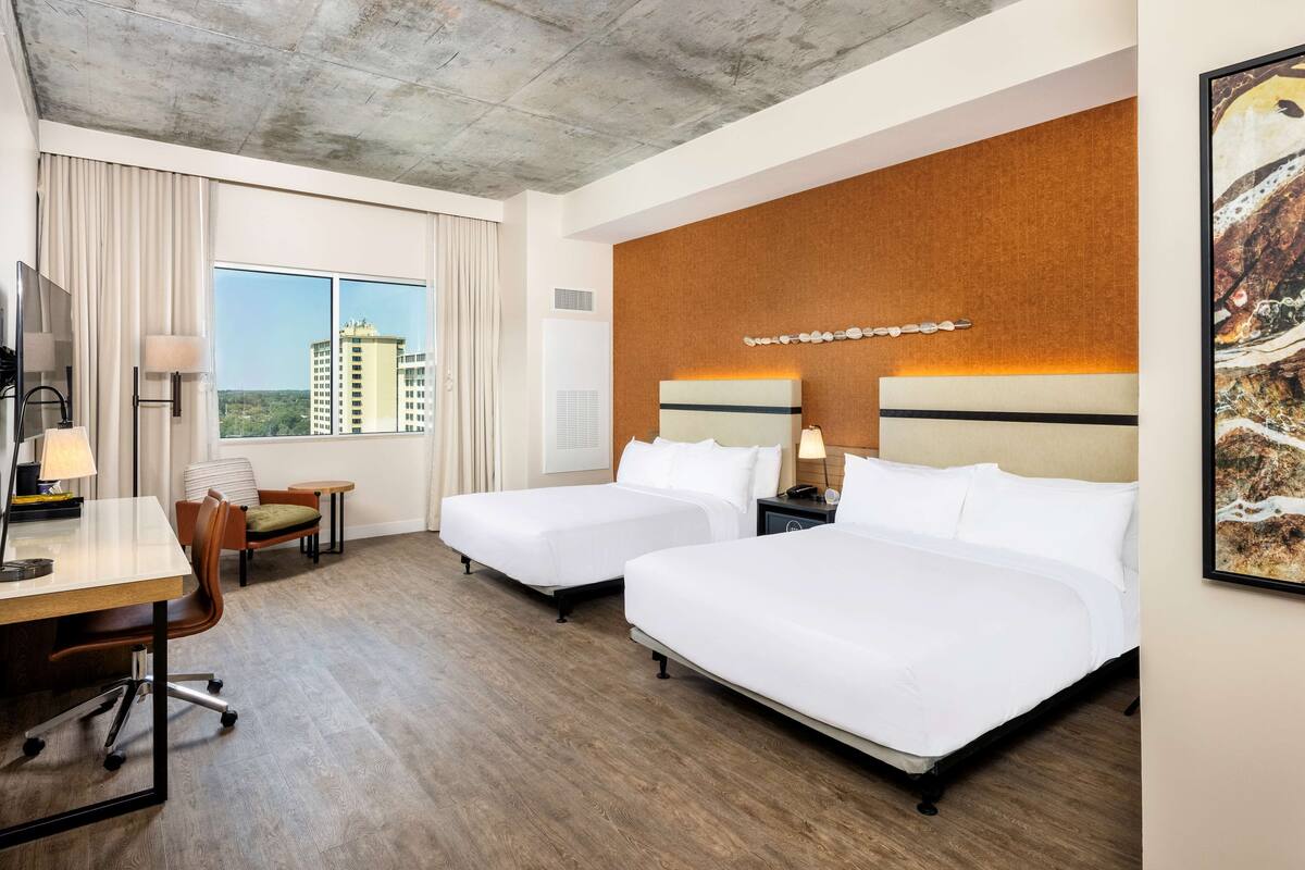 Une chambre d’hôtel avec deux lits, un bureau, une chaise et une grande fenêtre donnant sur la ville.