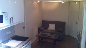 A compact living space with a kitchenette, a sofa, a small table, and a bunk bed.