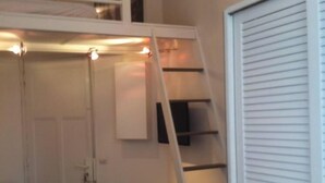 A compact room with a loft bed, a desk, and a chair. There are two dogs in the room.