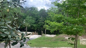 Un parque con un sendero pavimentado, zonas verdes y árboles.