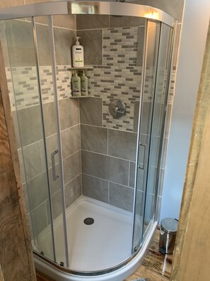 Combined shower/bathtub, towels, soap, toilet paper