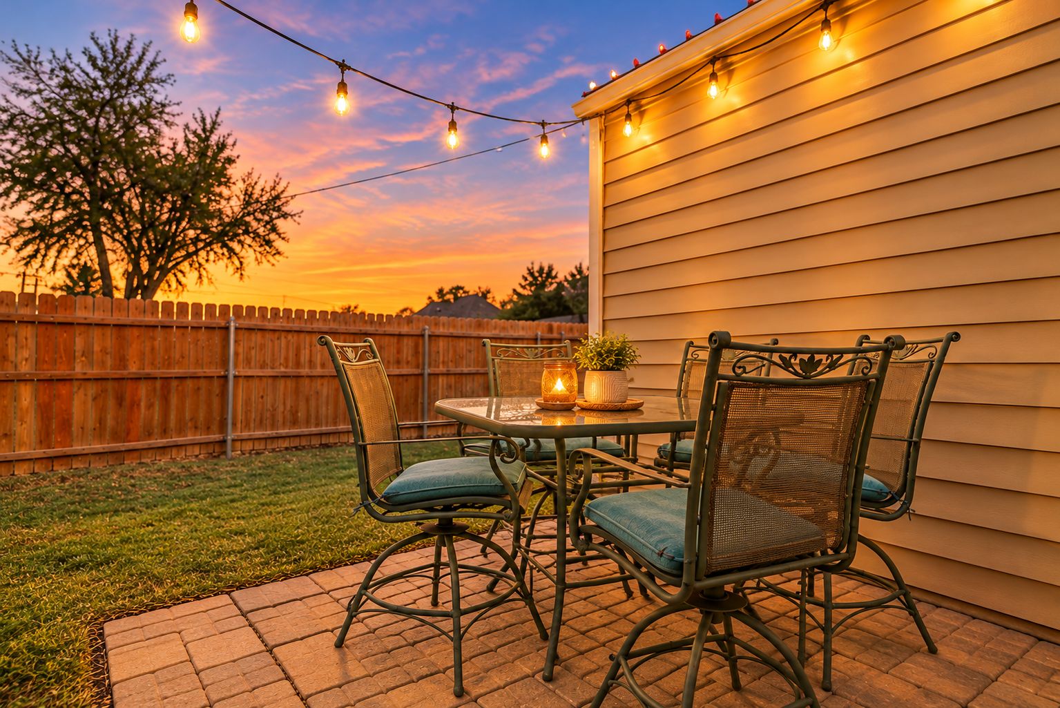 Un patio exterior con mesa y sillas, un cerco de madera y luces colgantes.