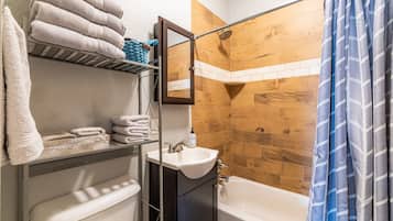 Combined shower/tub, hair dryer, towels