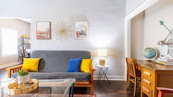 Smart TV, fireplace, books