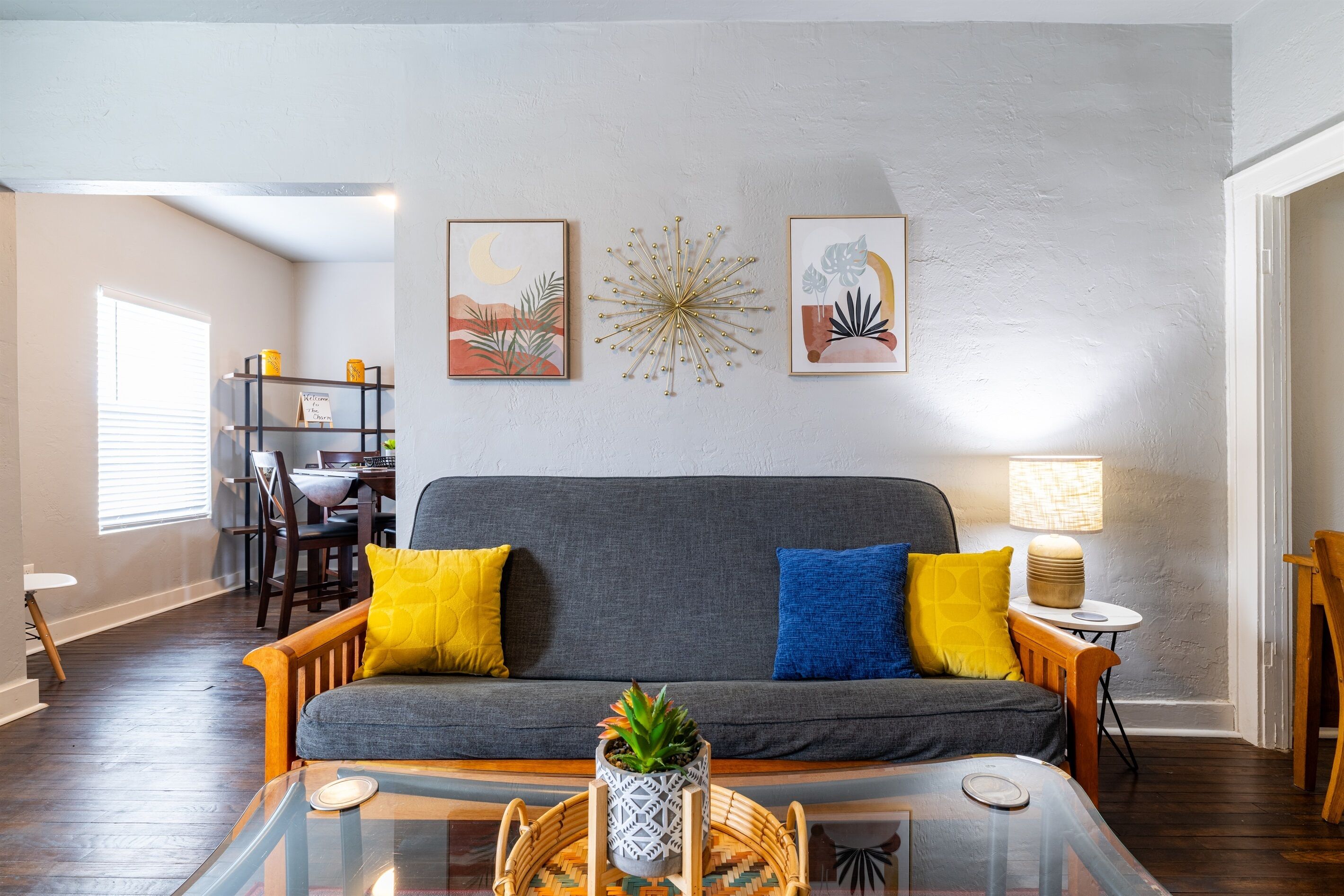 Smart TV, fireplace, books