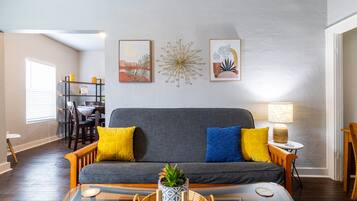 Smart TV, fireplace, books