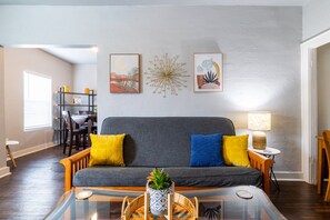 Smart TV, fireplace, books