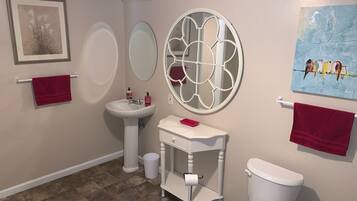 Combined shower/bathtub, hair dryer, towels