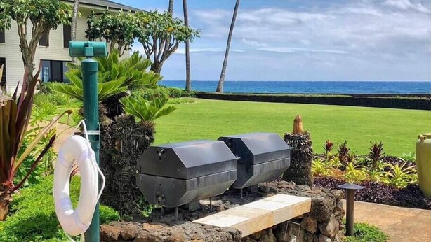 Een buitenbarbecue met een stenen muur, een tuinslang en uitzicht op de oceaan.
