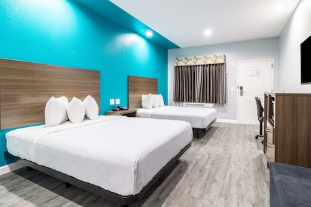 Desk, laptop workspace, blackout drapes, soundproofing