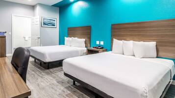 Desk, laptop workspace, blackout drapes, soundproofing