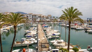Un puerto deportivo con numerosas embarcaciones amarradas, rodeado de palmeras y una hilera de edificios al fondo.