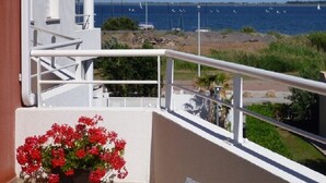 A balcony with a view of the sea, a white railing, and a red flower pot. - Sunny apartment overlooking Etang de Thau (5 km from the sea) (marseillan)