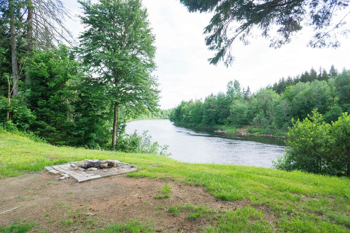 A riverside campsite with a fire pit and a grassy area.