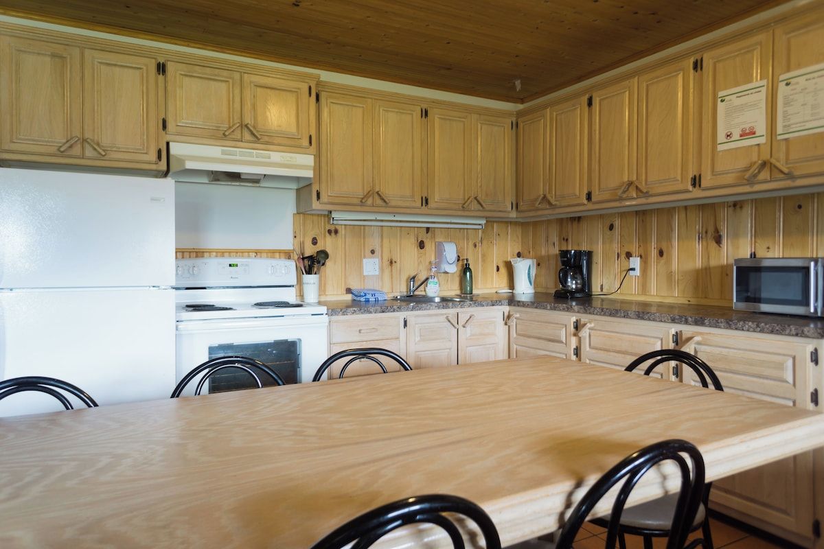 A kitchen with wooden cabinets, a refrigerator, stove, microwave, and a dining table with chairs.