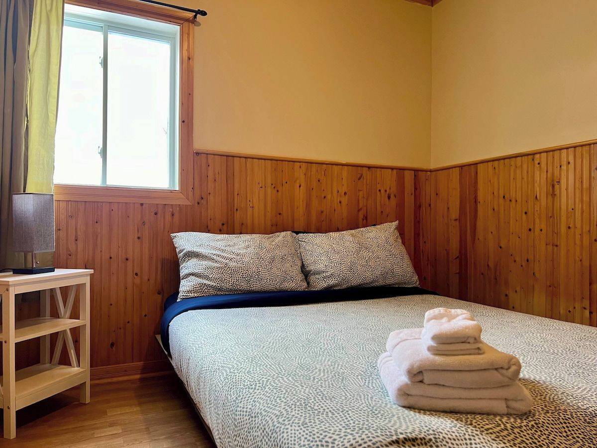 A bedroom with a wooden paneled wall, a bed with patterned bedding, a bedside table with a lamp, and a window with curtains.