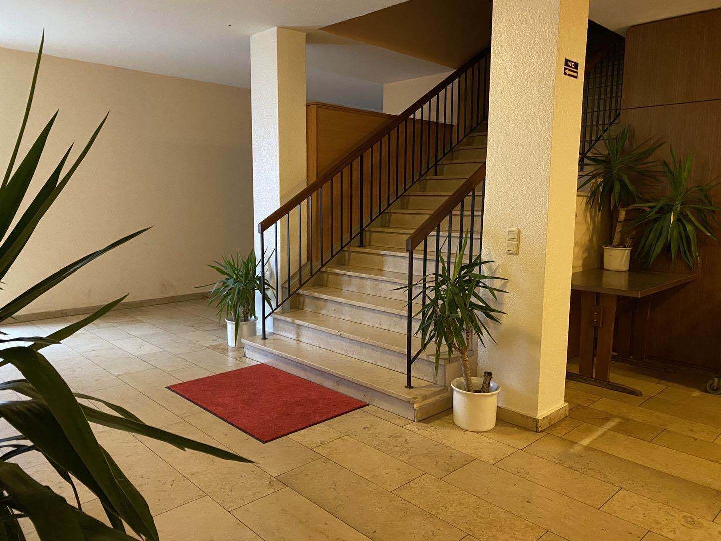 Una escalera con barandilla de madera y paredes color beige, que conduce a un piso superior. Hay plantas en macetas en el suelo y una alfombra roja cerca de la escalera.