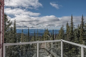 Ein Balkon mit Glasgeländer mit Blick auf eine bewaldete Berglandschaft.