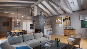 Een moderne woonkamer met een bank, salontafel en een cactus. Er is een eethoek met een tafel en stoelen, en een keuken op de achtergrond.