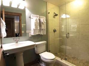 Combined shower/tub, jetted tub, hair dryer, towels