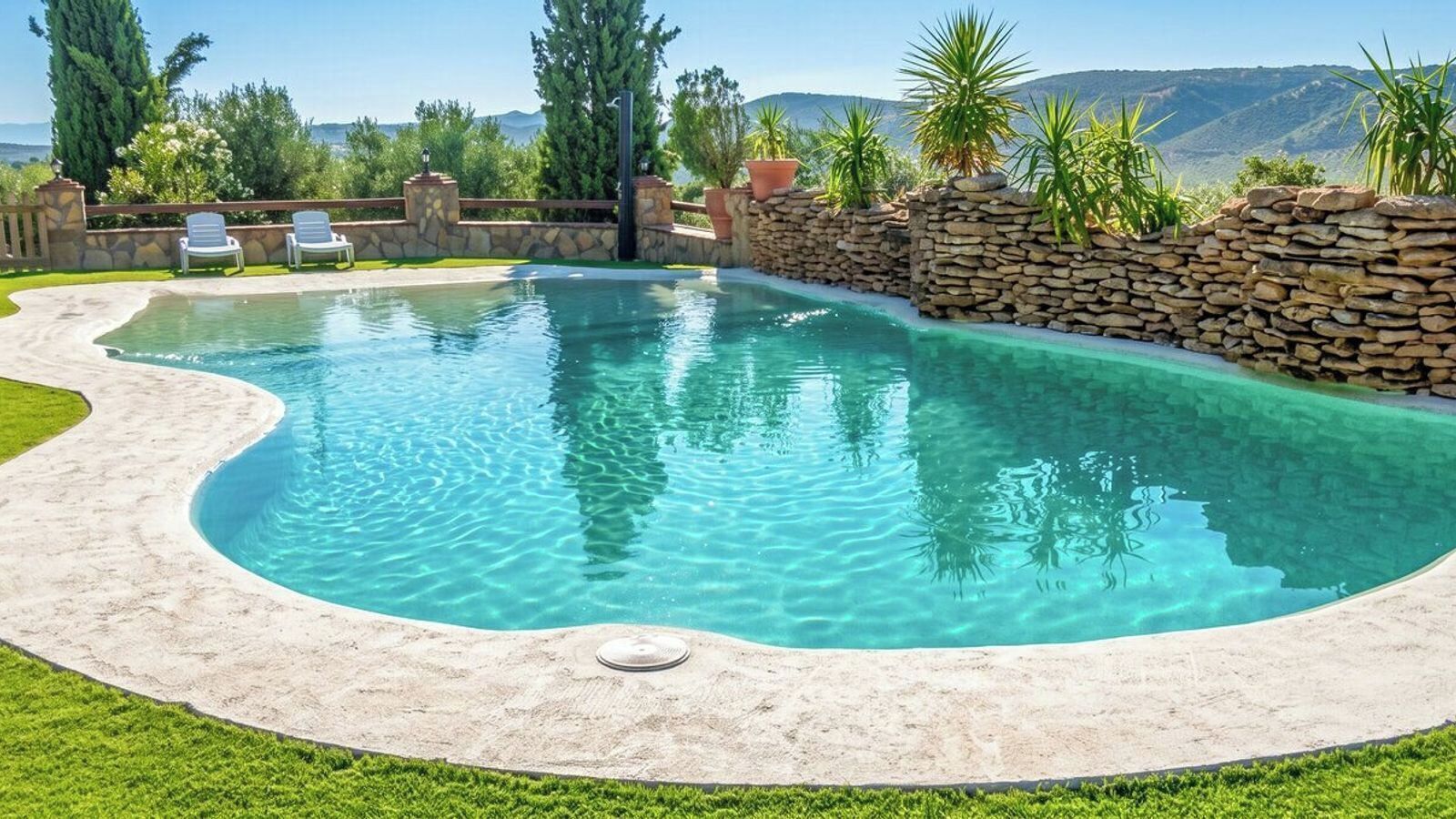 A swimming pool with a stone wall and a grassy area.