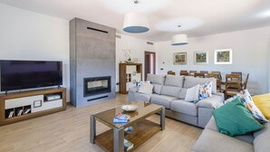En moderne stue med et fladskærms-tv, en pejs, en sofa og et spiseområde med stole.