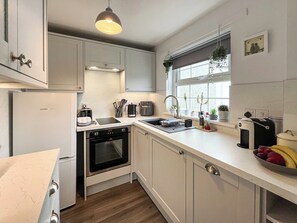 Eine kompakte Küche mit Backofen, Spüle und einem Fenster mit Pflanzen.