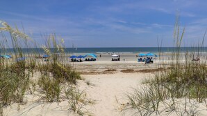 Una spiaggia con un sentiero che conduce all'acqua, circondata da erba alta e ombrelloni blu.