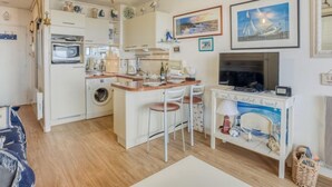 Una cocina compacta con una isla central, un comedor con dos sillas, un televisor y una chimenea.