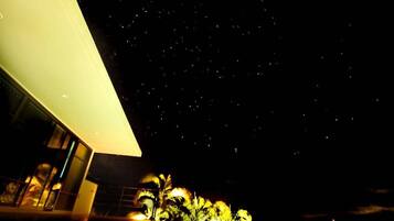 A nighttime view of a building with a pool and palm trees, under a starry sky.