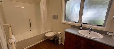 A bathroom with a shower, toilet, and sink.