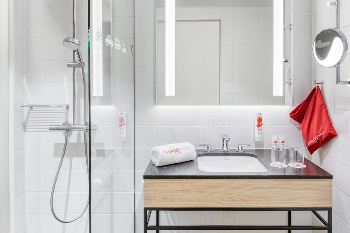 shower, hair dryer, bathrobes, slippers