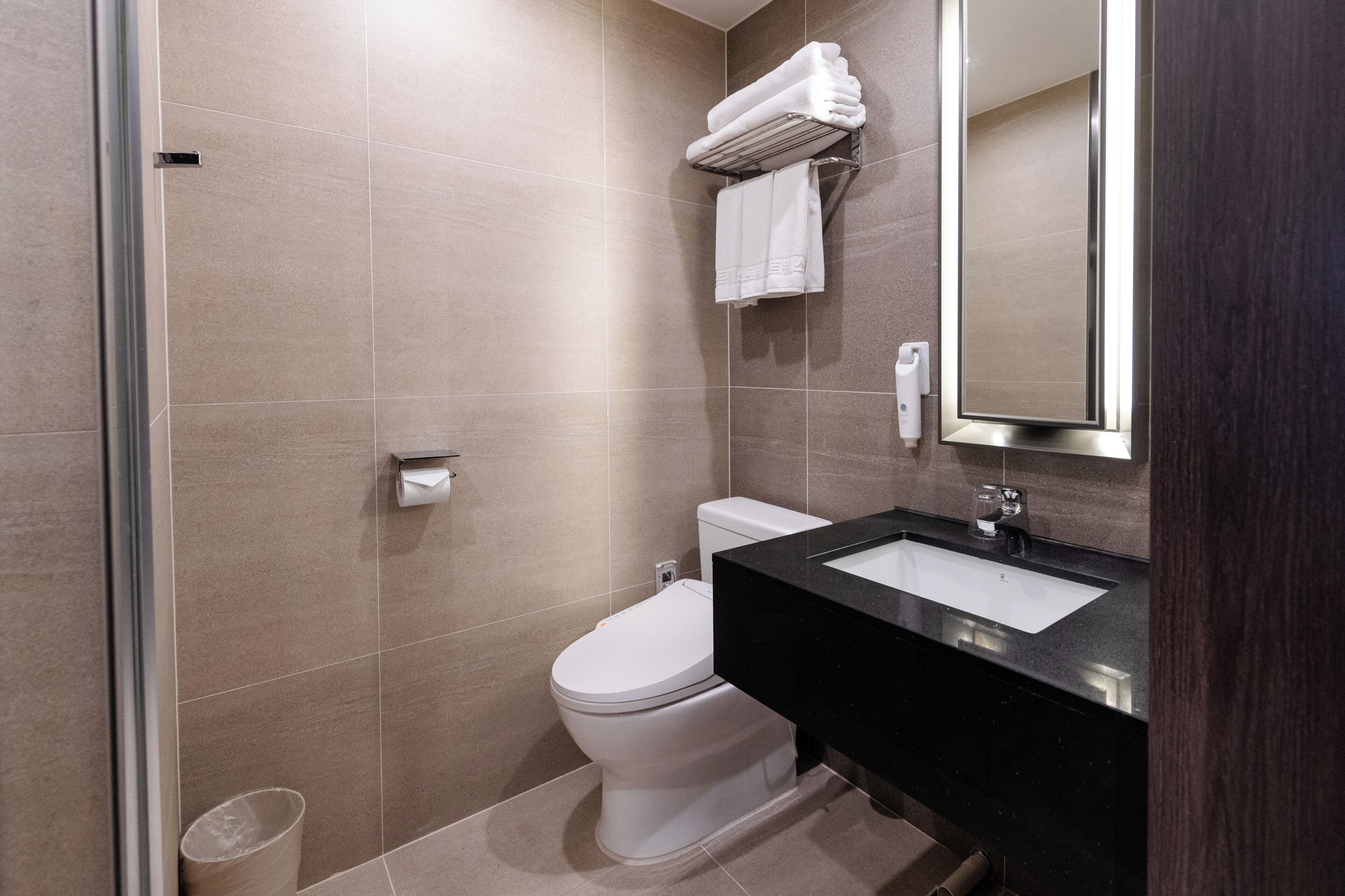 A modern bathroom with a toilet, sink, and mirror.