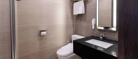 A modern bathroom with a toilet, sink, and mirror.