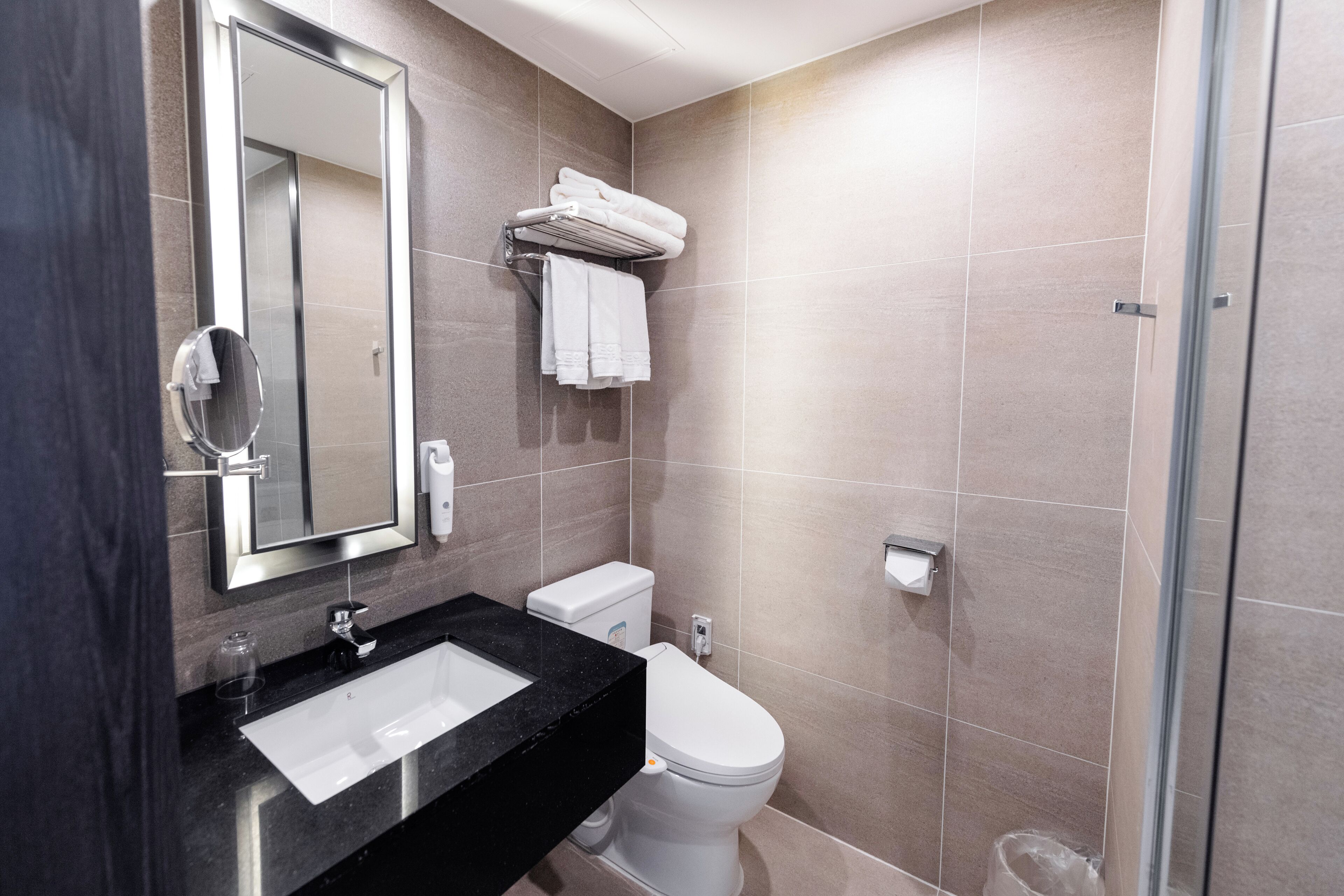 A modern bathroom with a black countertop, white sink, and a large mirror. There is a toilet and a glass shower enclosure.