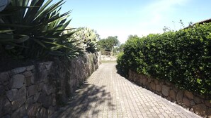 A paved pathway flanked by stone walls and lush greenery, leading towards a distant building. - Aria di Vacanza - Capo Ceraso Bunte (Olbia)
