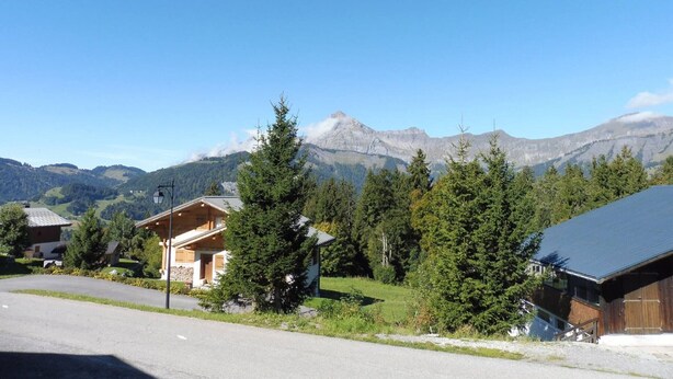 Un chalet de montagne aux murs en bois, entouré d’arbres et sous un ciel dégagé.