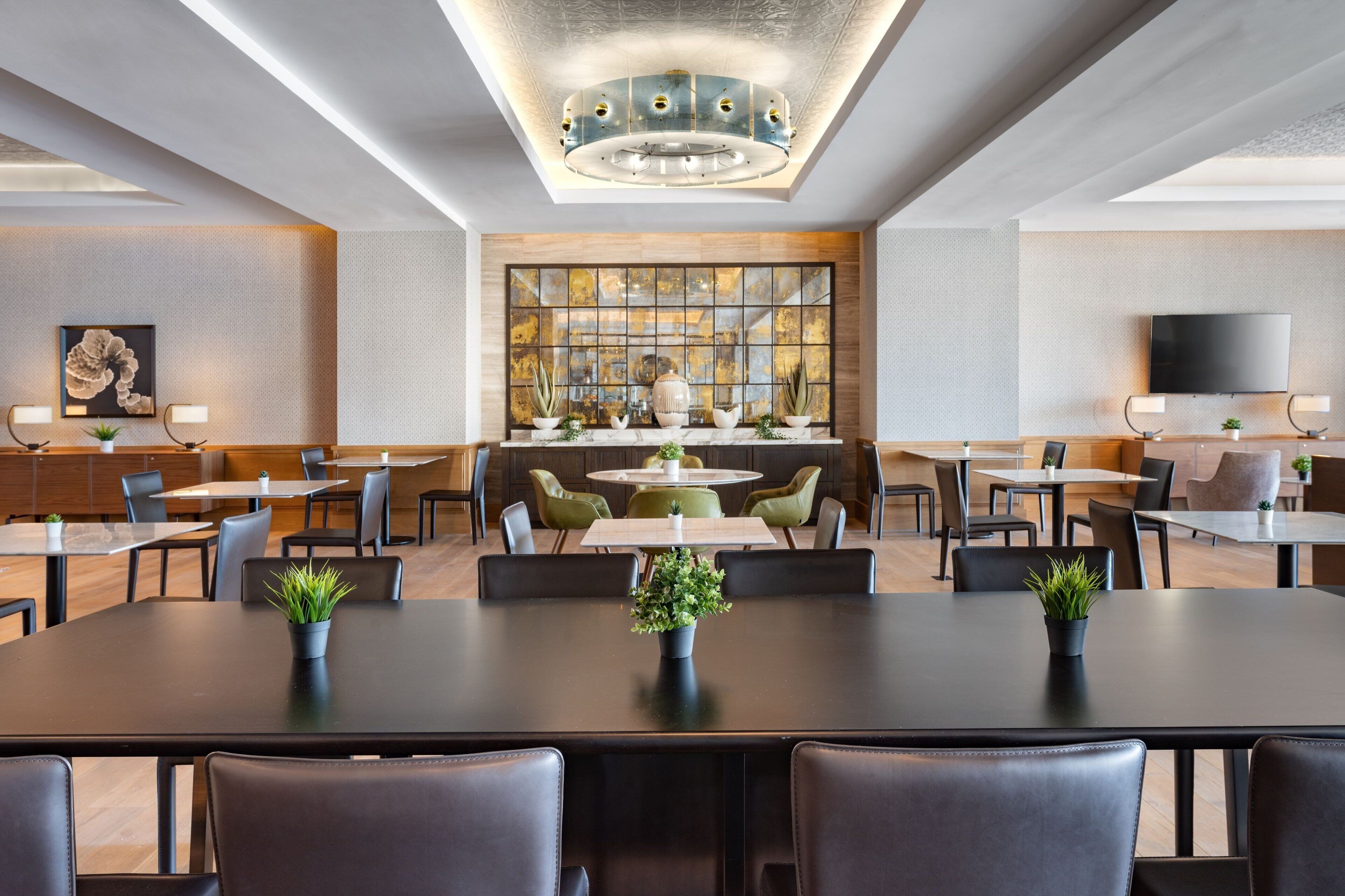 Un espace repas moderne avec des tables rondes, des chaises noires et des plantes en pot.