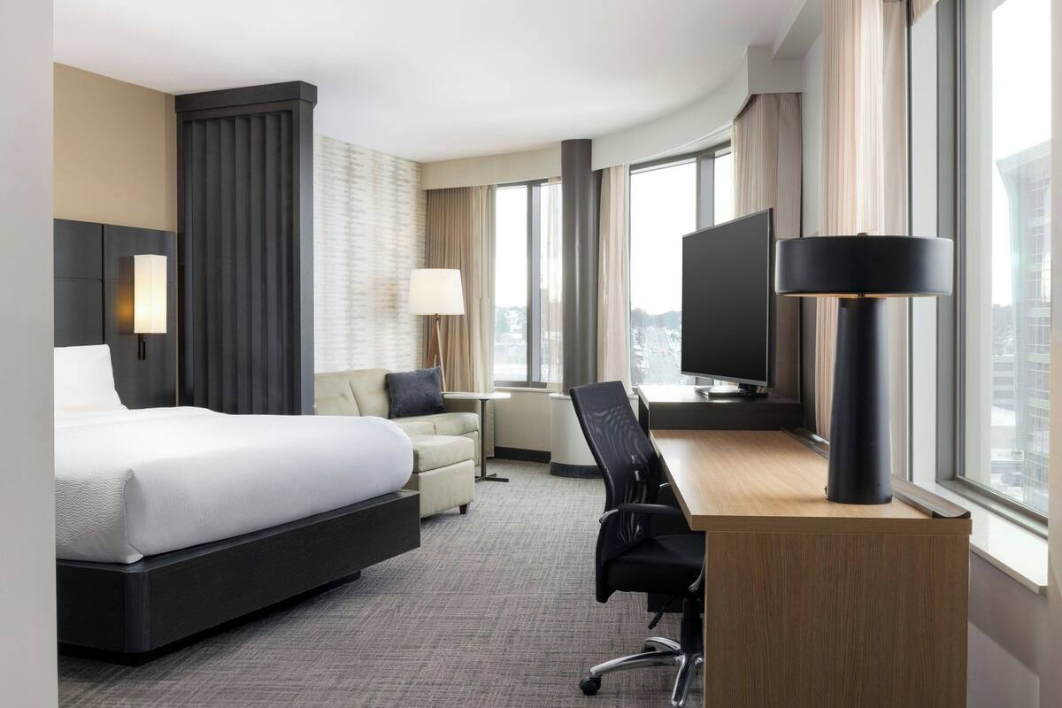 studio, 1 king bed with sofa bed, city view, corner (city view) | hypo-allergenic bedding, desk, laptop workspace, blackout curtains