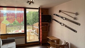 Una habitación con un amplio ventanal corredera que da a una terraza, un televisor sobre un atril de madera y esquíes colgados en la pared.