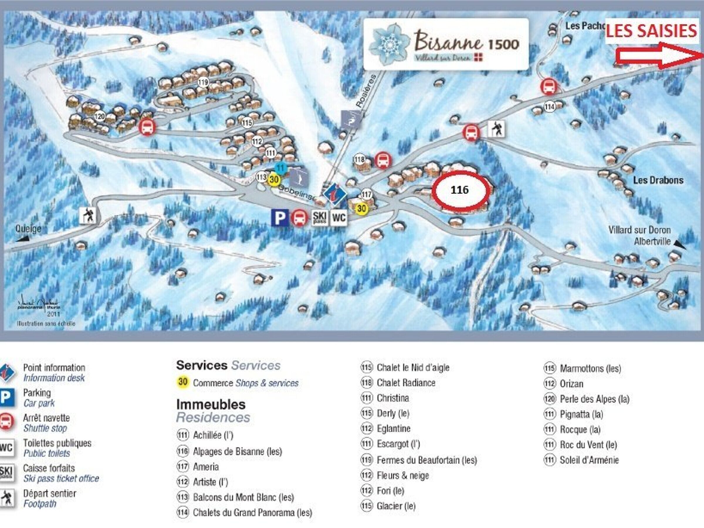 A ski resort map with marked locations and amenities.