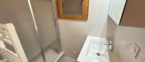 A bathroom with a shower, a sink, and a mirror.