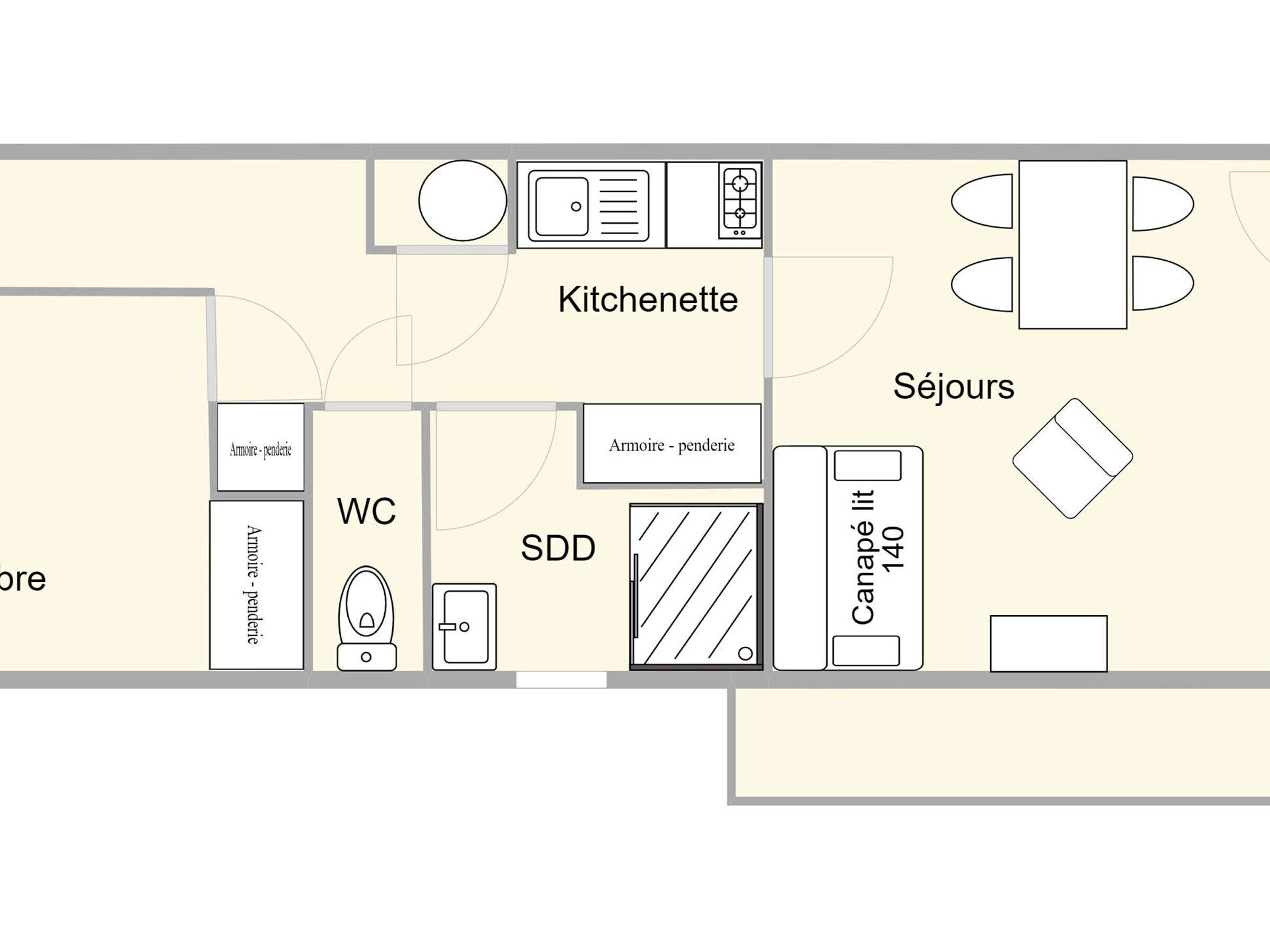 A hotel room layout with a WC, SDD, kitchenette, and ensuite bathroom.