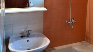 A bathroom with a white sink, a mirror above it, and a shower with a handheld showerhead.