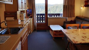 Kompakti keittiö, jossa on puukaapit, pesuallas ja televisio. Parvekkeelta avautuu näkymä metsäiselle alueelle.